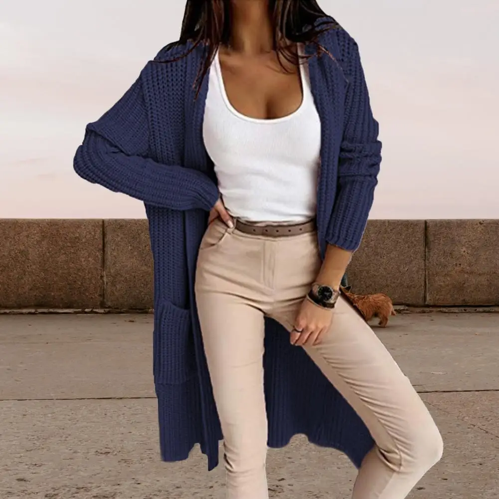 

Long Sleeve Pockets Single-breasted Knit Cardigan Women Autumn Casual Mid-Length Sweater Outerwear Cardigan Sweater Streetwear