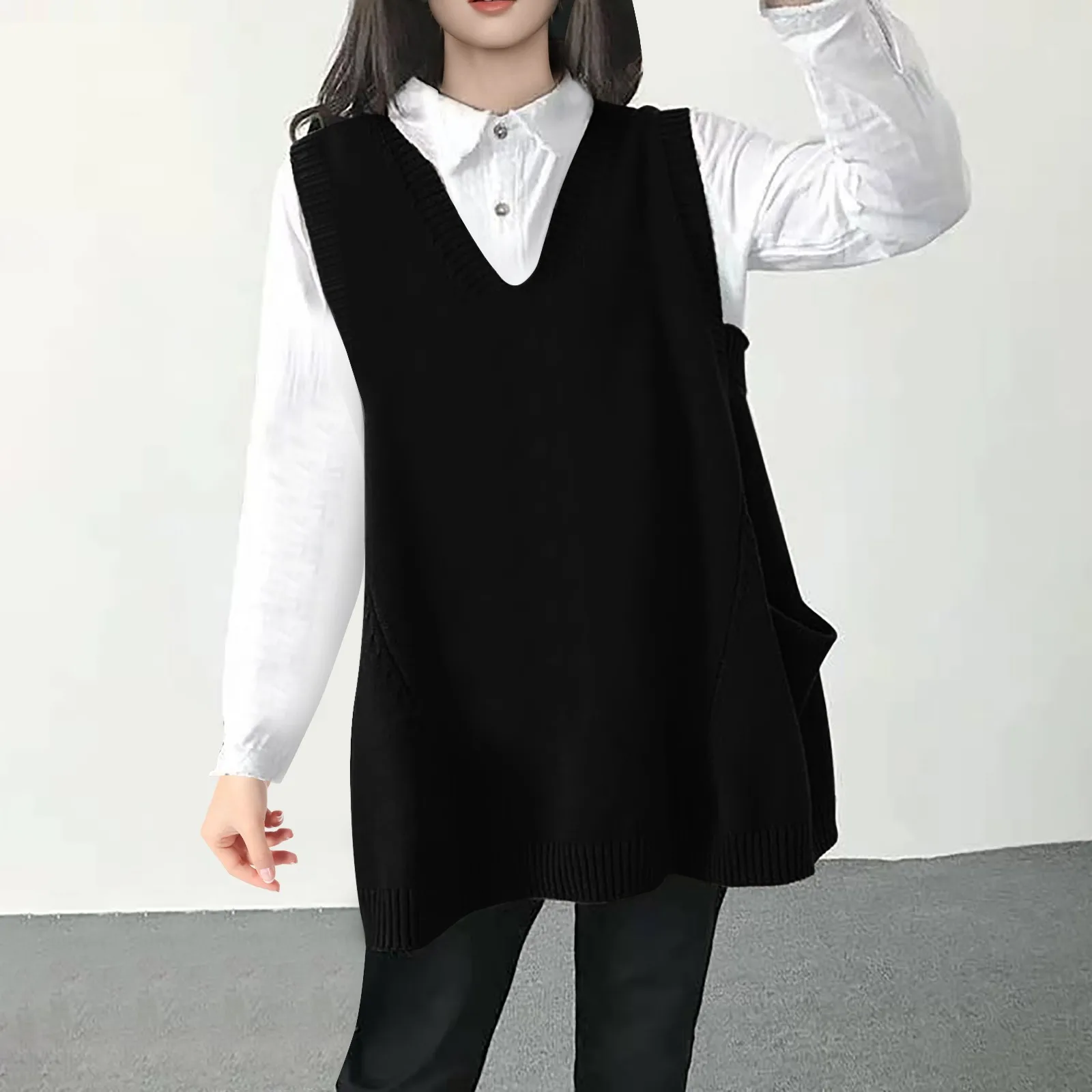 Свободный крой массивный милый свитер майка большой вязаный пуловер с карманами