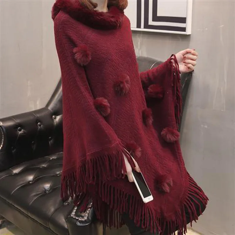 Autumn Winter Imitation Rabbit Fur Ball Women's Coat Imitation Wool Collar Pullover Shawl Warmth Poncho Capes Red Cloaks