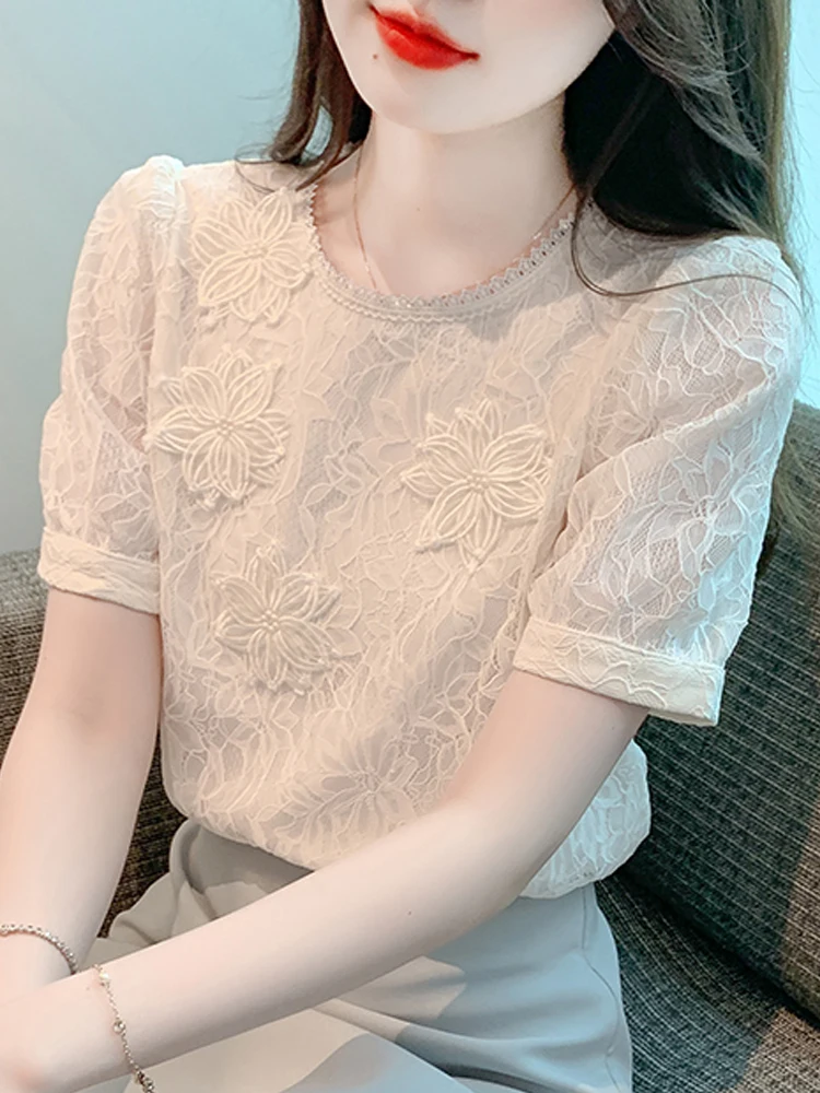 Летние женские топы блузка с коротким рукавом модные блузки 2024 летняя кружевная