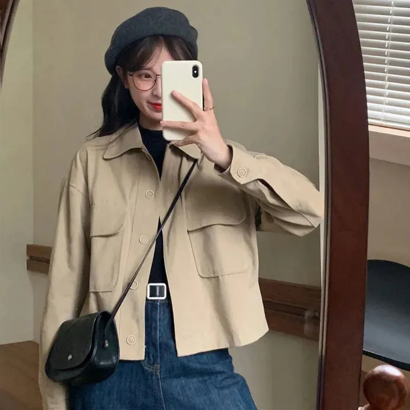 

Lucyever Spring Autumn Short Cargo Jacket Women Vintage All-Match Loose Simple Coats Korean Preppy Style Basic Outwear Female
