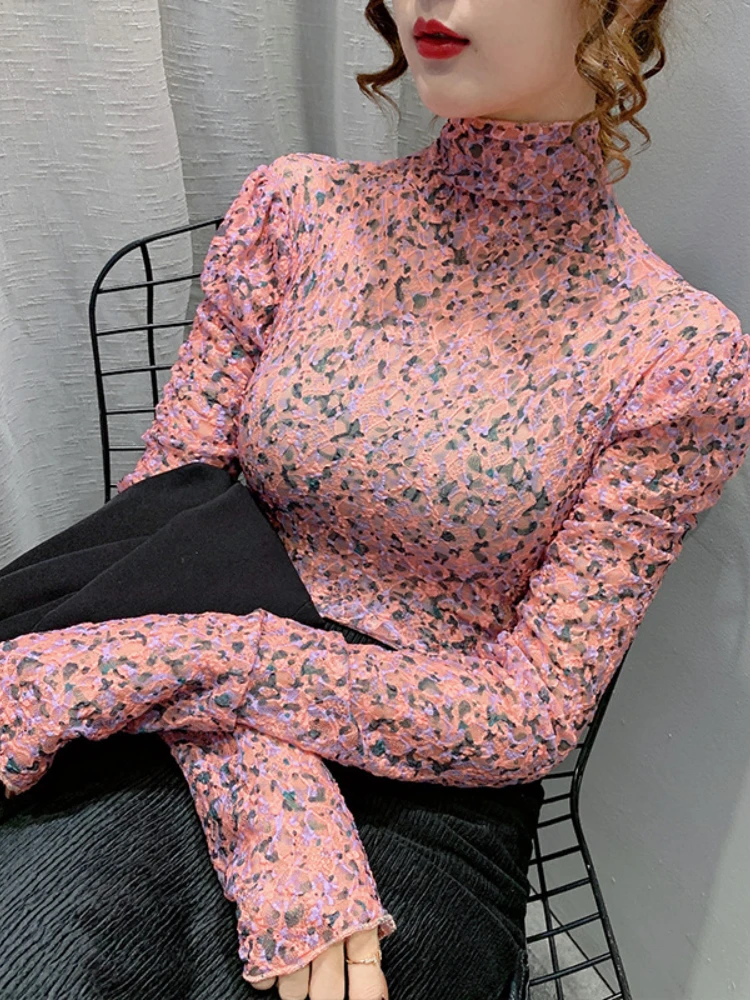 

Autumn New High-neck Long-sleeved Bottoming Shirt Women's Fashion Sexy Printed Shirt Temperament Commuter Top Shirts for Women