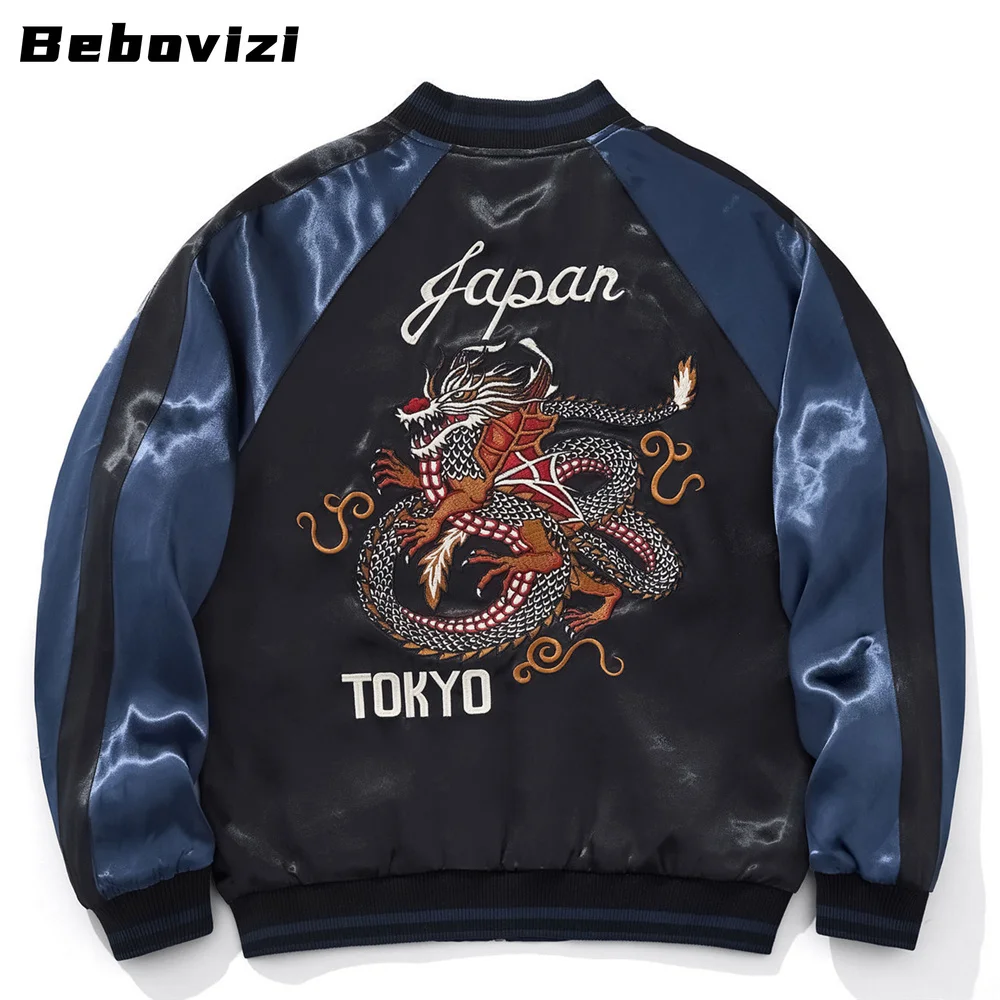 Фото Синяя куртка на молнии с вышивкой Tokyo Dragon, уличная одежда в стиле хип-хоп, мужское японское бейсбольное пальто в стиле Харадзюку, одежда №1