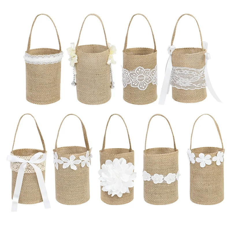 

Wedding Lace Jute Burlap Candy Bag with Handle Vintage Rustic Products Flower Basket Birthday Party Favors Gift Bags Supplies 7z