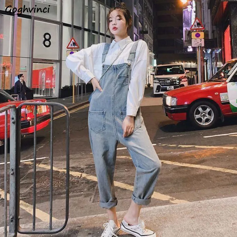 

Jumpsuits Women Solid Denim Loose Ankle-length Suspender Korean Style High Quality Retro Pockets Female Students Chic Hot Sale