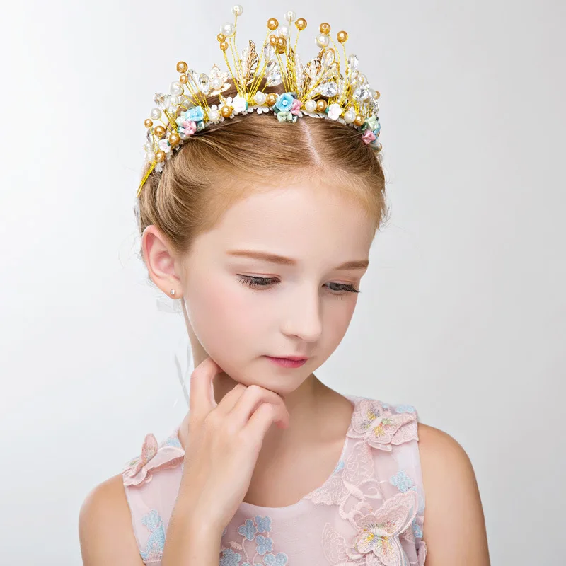 handmade kids princess flower hair crown grils adjustable tiara hairband with ribbon