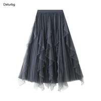 womens sweet 3 layer mesh long skirt korean fashion female high waist beading ruffles pleated party skirts 2022 spring k17
