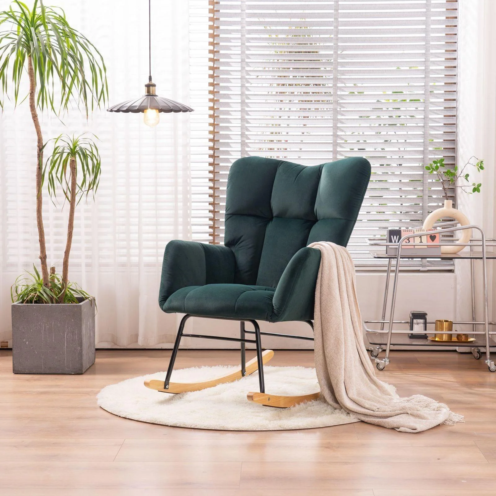 

Mid Century Modern Velvet Tufted Upholstered Rocking Chair Padded Seat for Living Room Bedroom Green