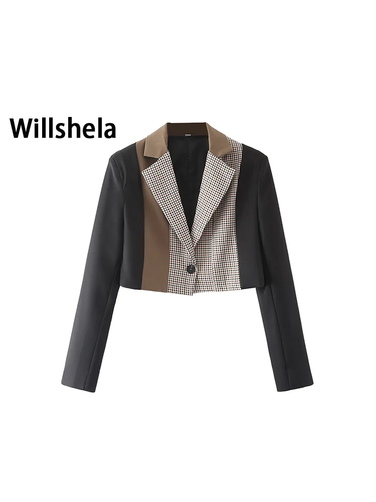 

Willshela женские модные Лоскутные Обрезанные блейзеры на одной пуговице винтажные с длинными рукавами с вырезами на шее женские офисные наряд...