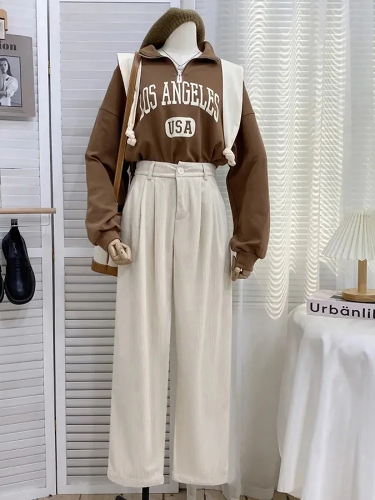 Casual Corduroy Wide Leg Pants Women Baggy High Waist New Straight Patalones Korean Basic Spodnie Spring Fall Trousers