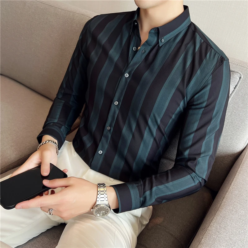 

Мужская рубашка с длинным рукавом, модная деловая рубашка, дешевая, облегающая, полосатая, социальная, высококачественная, новая рубашка в полоску 2023