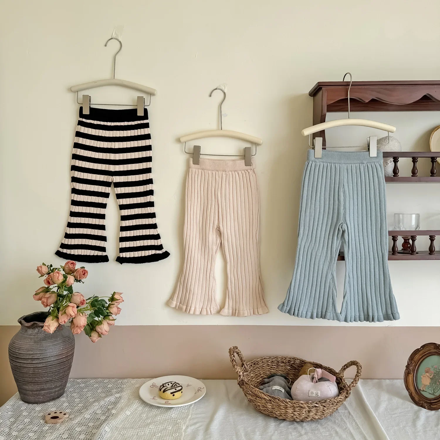 Осенние вязаные брюки-клеш для маленьких девочек детские полосатые брюки в