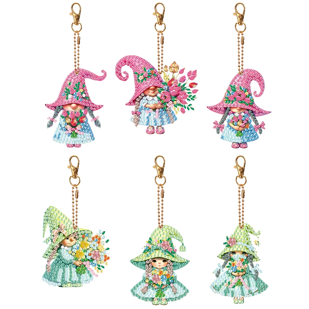 6 шт. двусторонний брелок для ключей с птичьими котами и цветами