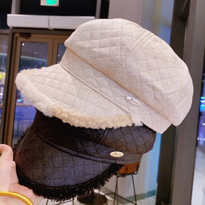Woolen plaid Suede Plush Octagon Hat 2022 New autumn and winter Hat for Women Warm Lamb Fashion Versatile Painter Newboy caps