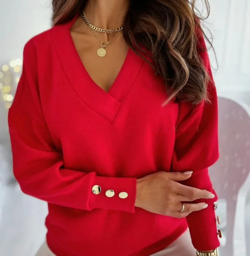 

2023 Solid V-Neck Fabric Knitter Women Cuff Button Top Solid Color Sweaters Women Pullover