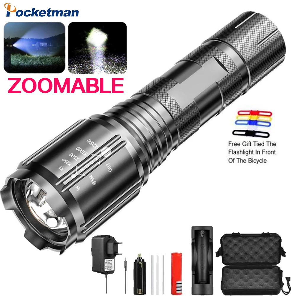 

Светодиодные фонарики высокой мощности, портативный T6 фонарик, 4 режима, водонепроницаемый, алюминиевый сплав, масштабируемый фонарик с бат...