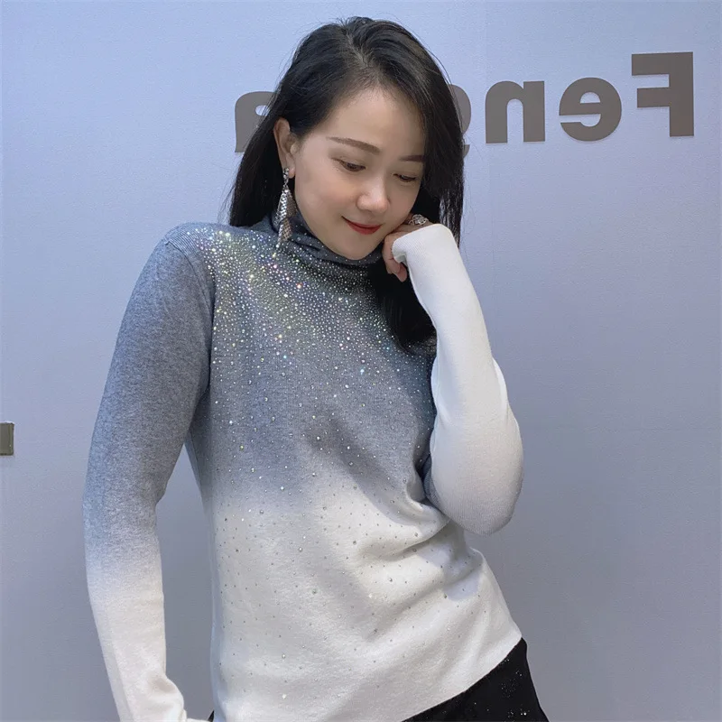 

Women Shiny Rhinestone Sweater Fall Winter Slim Thin Knitted Bottoming Shirts Turtleneck Pullovers Sequined Undershirts Tops