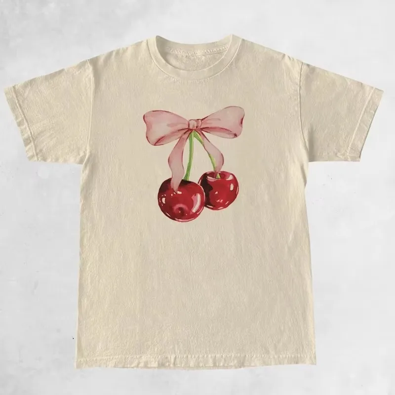Y2K Cherry Bow Printed T Shirt Women Vintage Trendy Cute Coquette Tee Short Sleeve Cottagecore