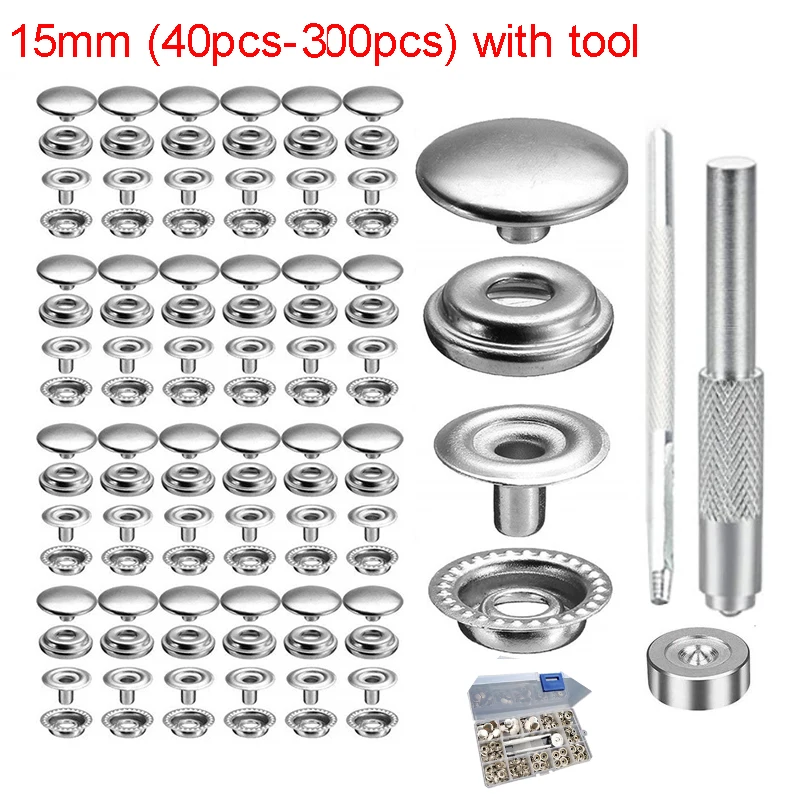

10-75sets 4pcs/set 15mm DIY Stainless Steel Tapping Snap Buttons Fastener Kit with Tool Sewing Snaps Buttons for Jeans Clothing