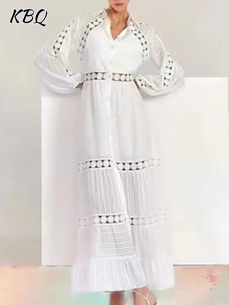 

KBQ-Hollow Out Casual Dresses for Women, Lapel Lantern Sleeve, High Waist,Single Breasted,Elegant Loose Dress,Female Fashion,New