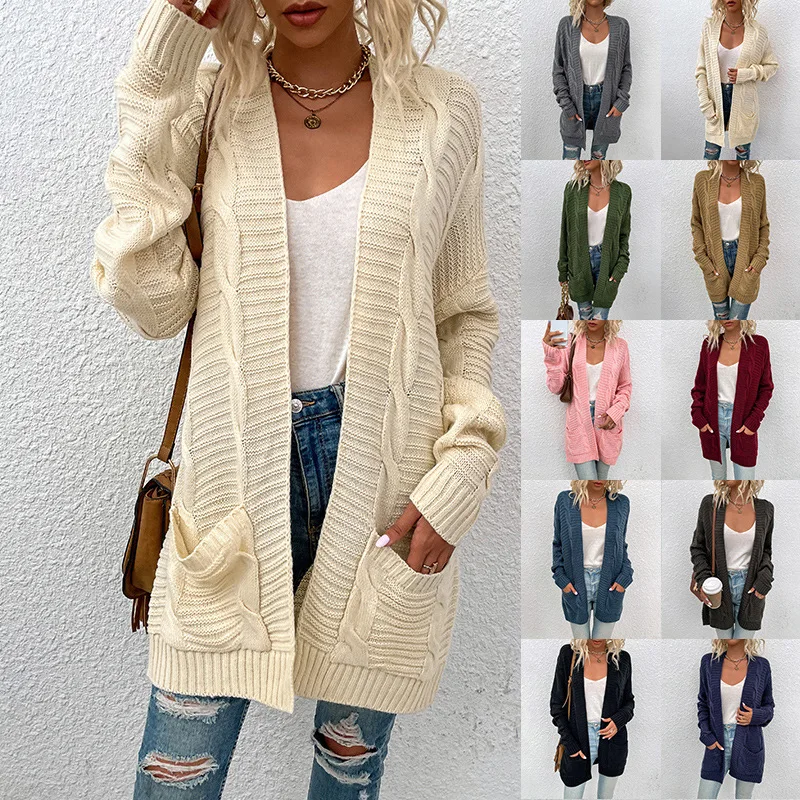 Autumn and Winter New Fried Dough Twist Cardigan Sweater Women's Medium Length Twisted Rope Cardigan Women Outwear