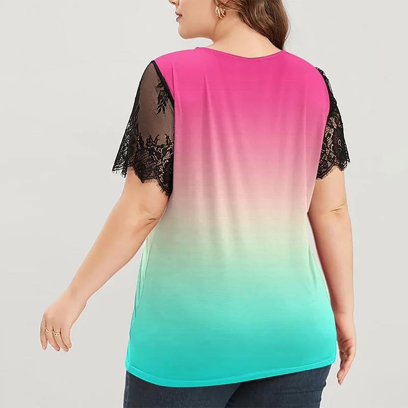 Lace Patchwork Solid T-Shirt Crew Neck Fashion Gradient Color Short Sleeve Hook Flower Hollow Pullover Plus Size Tops Women