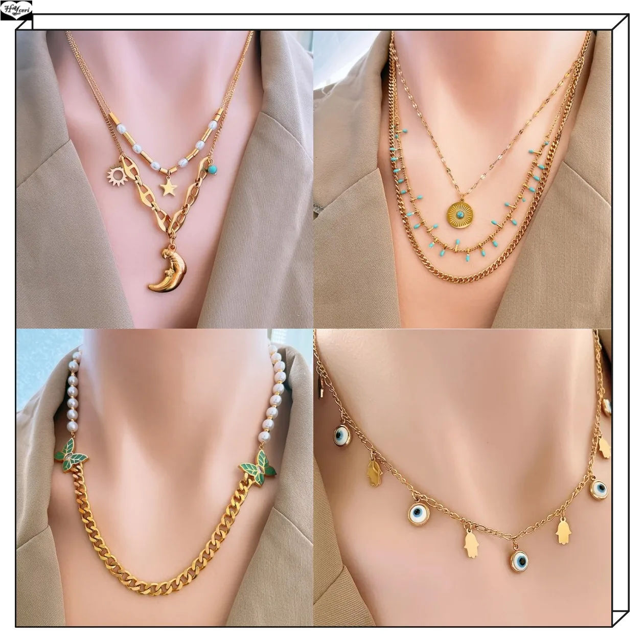 

Women's fashion collarbone necklace Titanium steel multi-level pearl star moon butterfly bergamot eye love pendant necklace