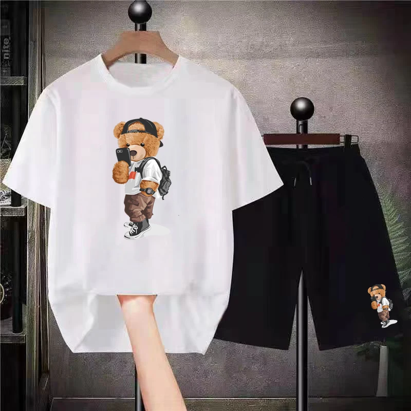 2023 Summer New Luxury Brand Men Shorts T Shirt Sets Cotton T-Shirt Bear Print 2 Piece Suits Women's Tracksuit Men Clothing