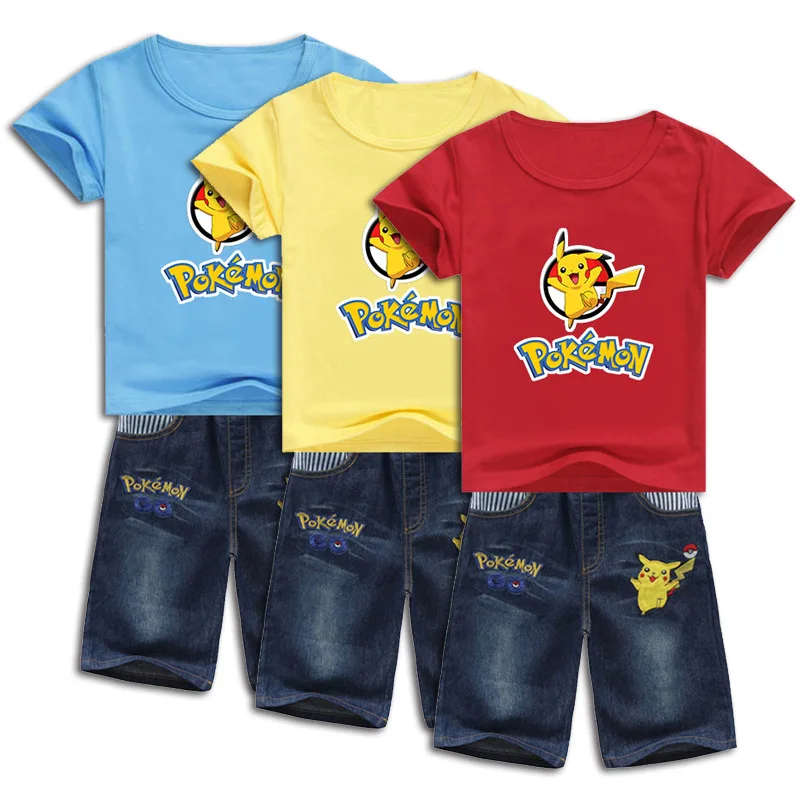 

Pokemon Pikachu Kids Clothes Boy Sets Short Sleeve Children Tshirt and Denim Shorts Disney Cartoon Girl Baby Child Costume Suit