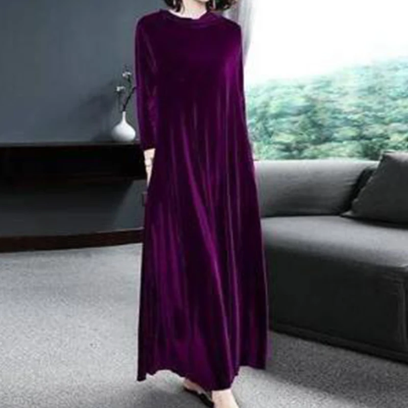 

Autumn Casual Long Sleeve Pullover Velvet Dress Winter Women Elegant Solid Maxi Dress New Fashion Crew Neck Loose Long Dress