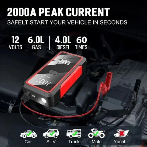 Новый автомобильный аккумулятор, стартер 2000A/1200A, внешний аккумулятор, светодиодный фонарик, портативный аварийный автомобильный аккумулятор для бензина 12 В