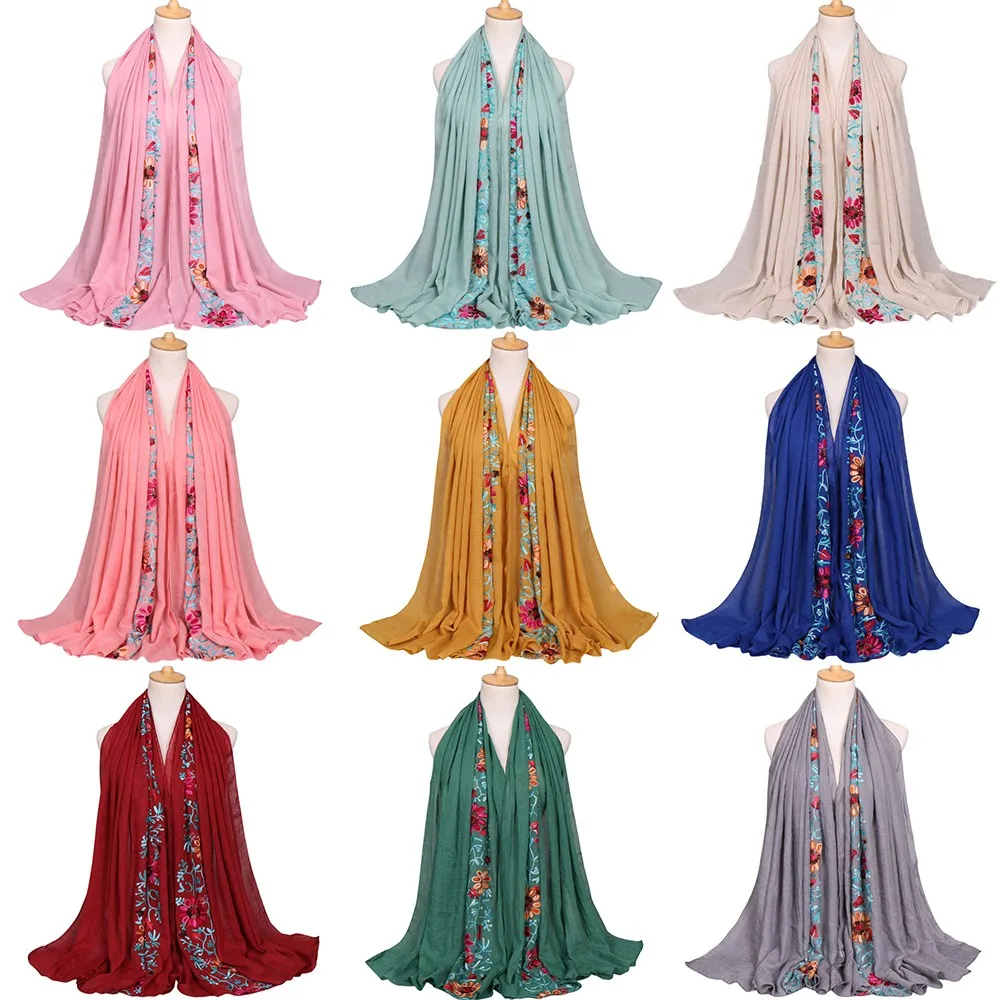 

Хлопковая шаль с цветочной вышивкой, простой шарф, фуляр, винтажные мусульманские хиджабы, длинный тюрбан в стиле ретро для женщин, 2022, рождественские подарки