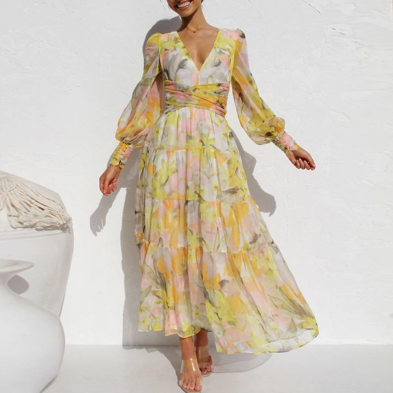

Elegant Women Deep V-neck Long Dress Spring Flower Print Party A-Line Dress Casual Boho Long Sleeve Pleated Hem Dresses Lady