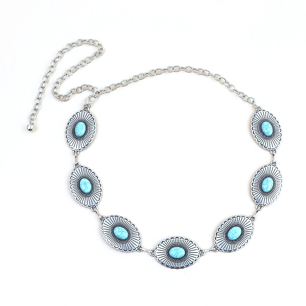 Fashion Oval Zinc Alloy Conchos with Turquoises Decor Chain Belt for Women