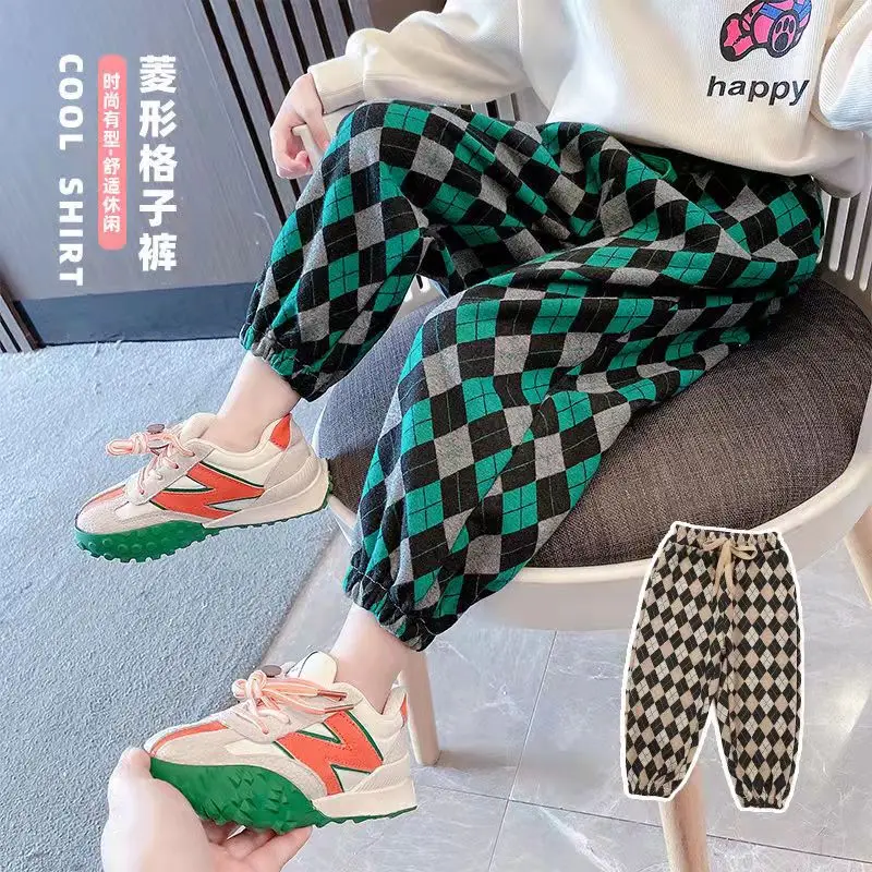 

Winter Fashion grid Print Plus Velvet Trousers Jogger Pants Streetwear Long Pants Casual Sweatpants Boys Girls Children Trouser