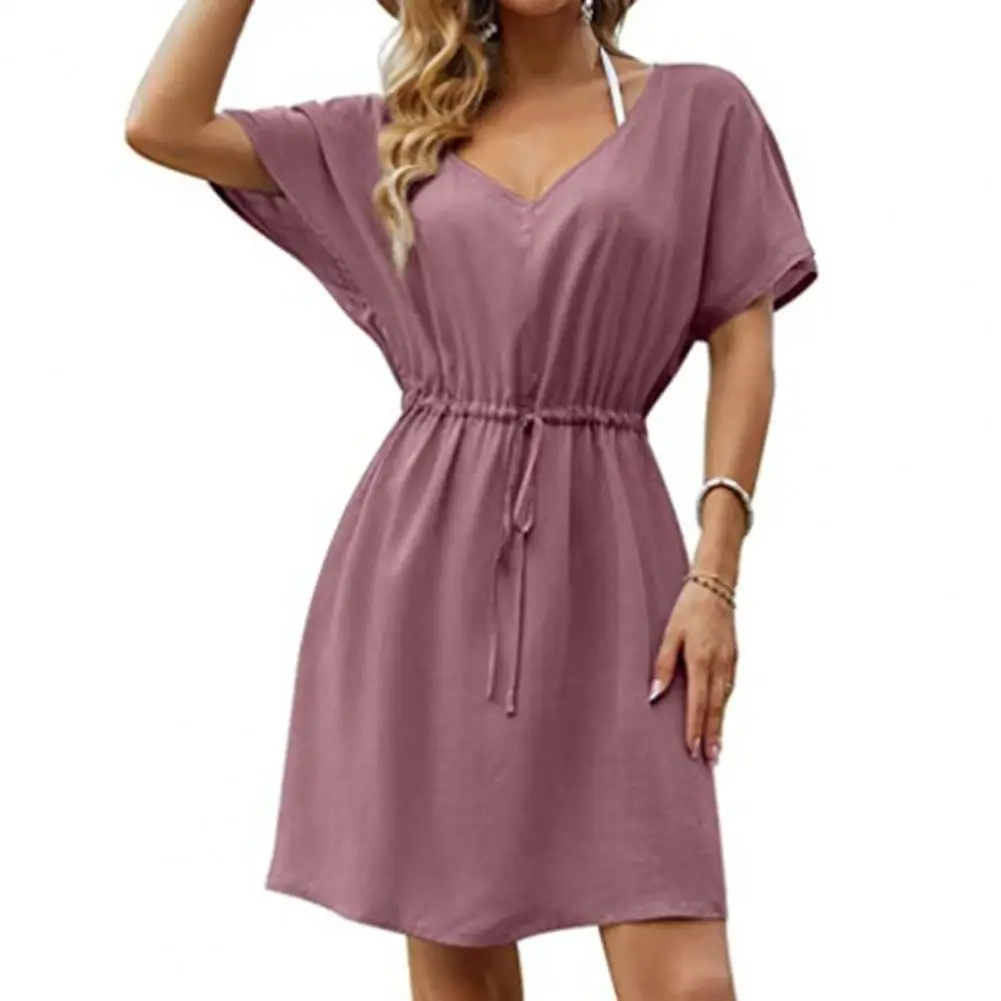 

Summer Dress Fine Workmanship Dress Nude Color V Neck Waist Tight Above-knee Dress