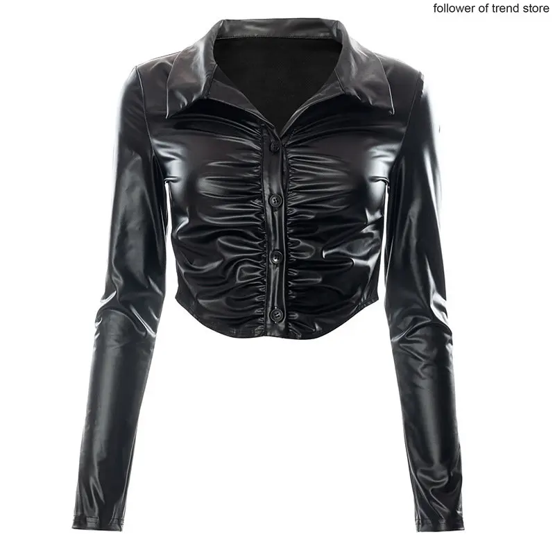 Sexy Mini Short Leather Top Autumn and Winter Solid Color Lapel Long Sleeve Cardigan Pleated Navel Women's Leather Jacket