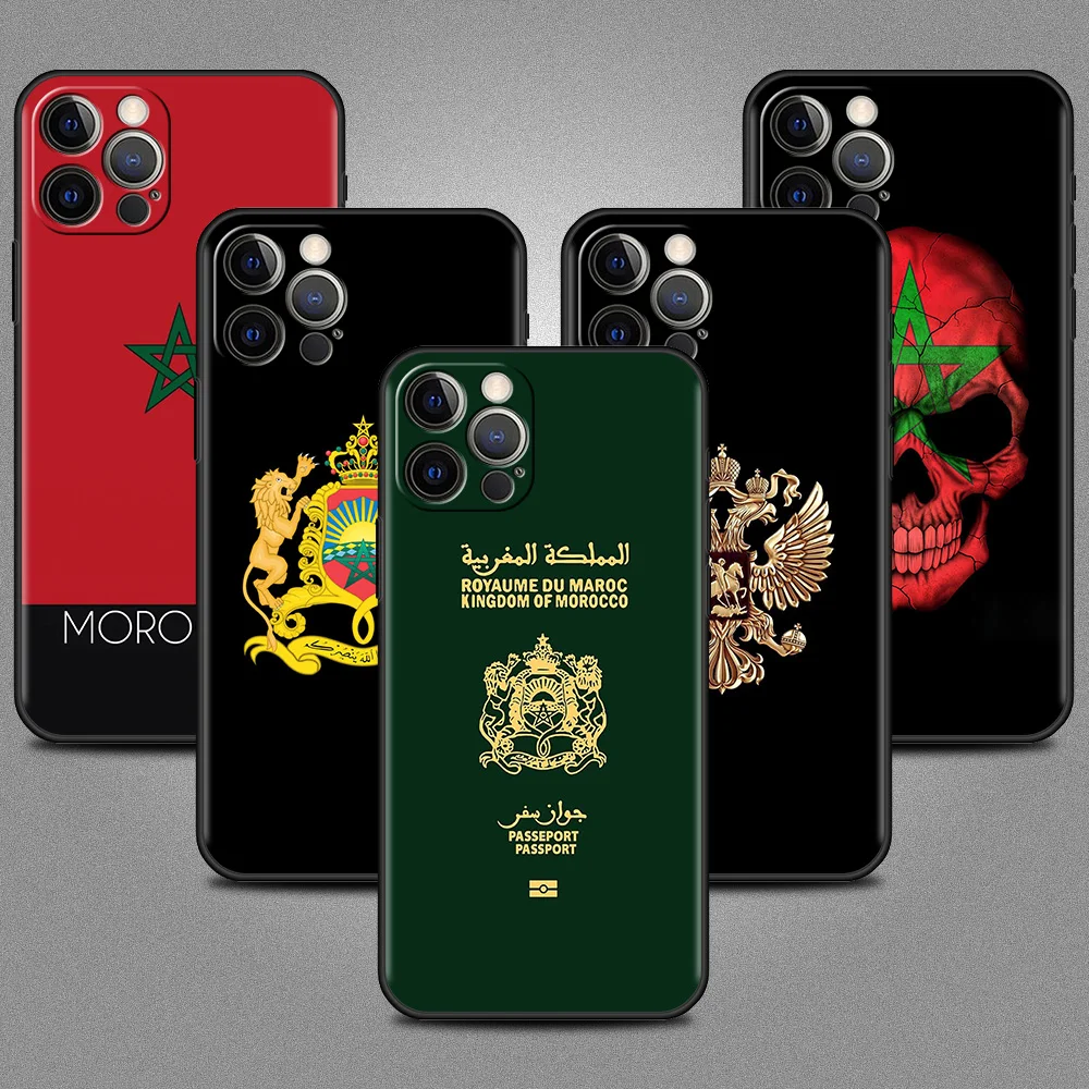 

Morocco Flag Passport Case For IPhone 11 13 12 Pro 7 XR X XS Max 8 6 6s Plus 5 5S SE 2022 Black Soft Phone Cover Bag