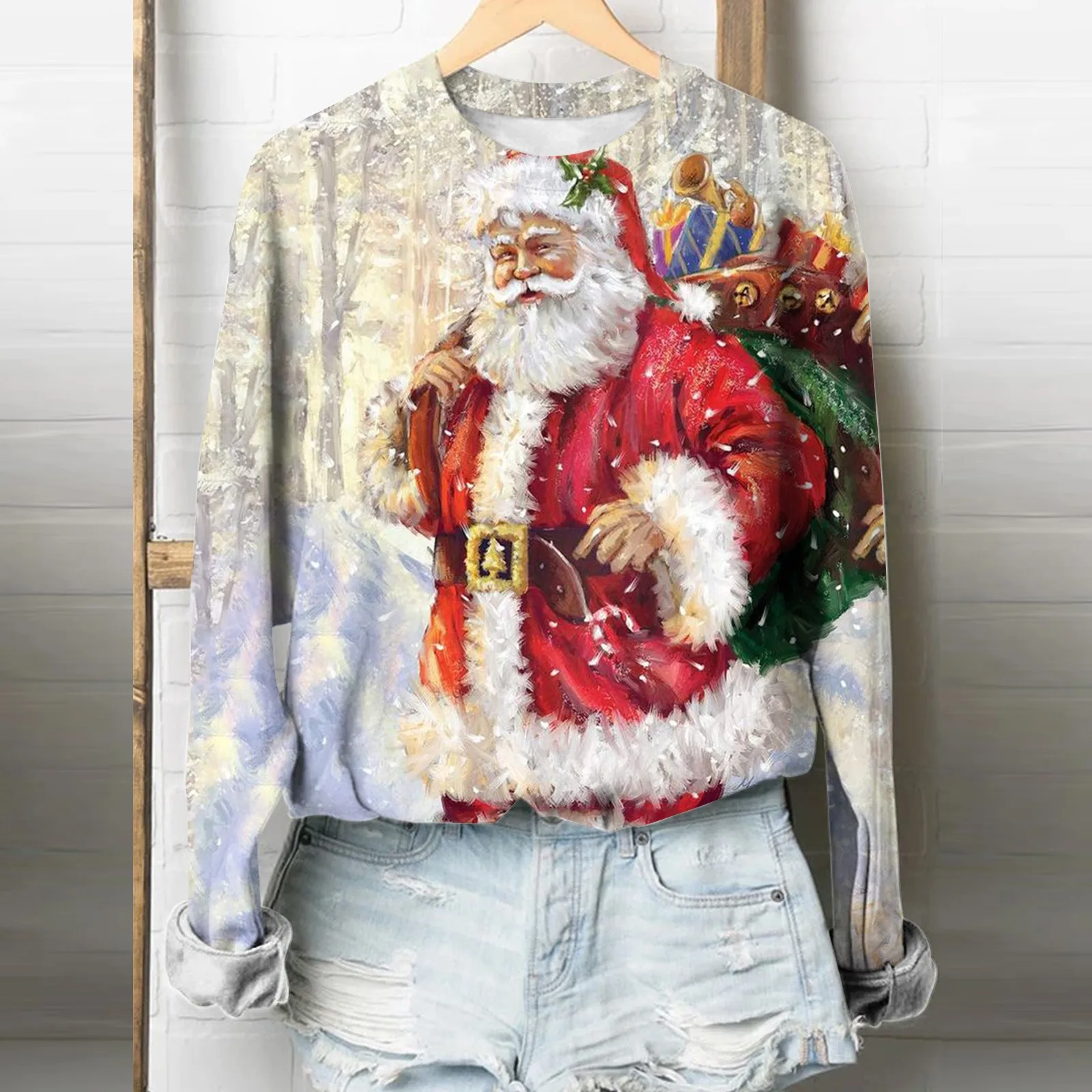 

Women Santa Claus 3d Print Tops Autumn Winter Sweater Elegant Loose Long Sleeve Round Collar Pullover Retro Christmas Shirt 2022