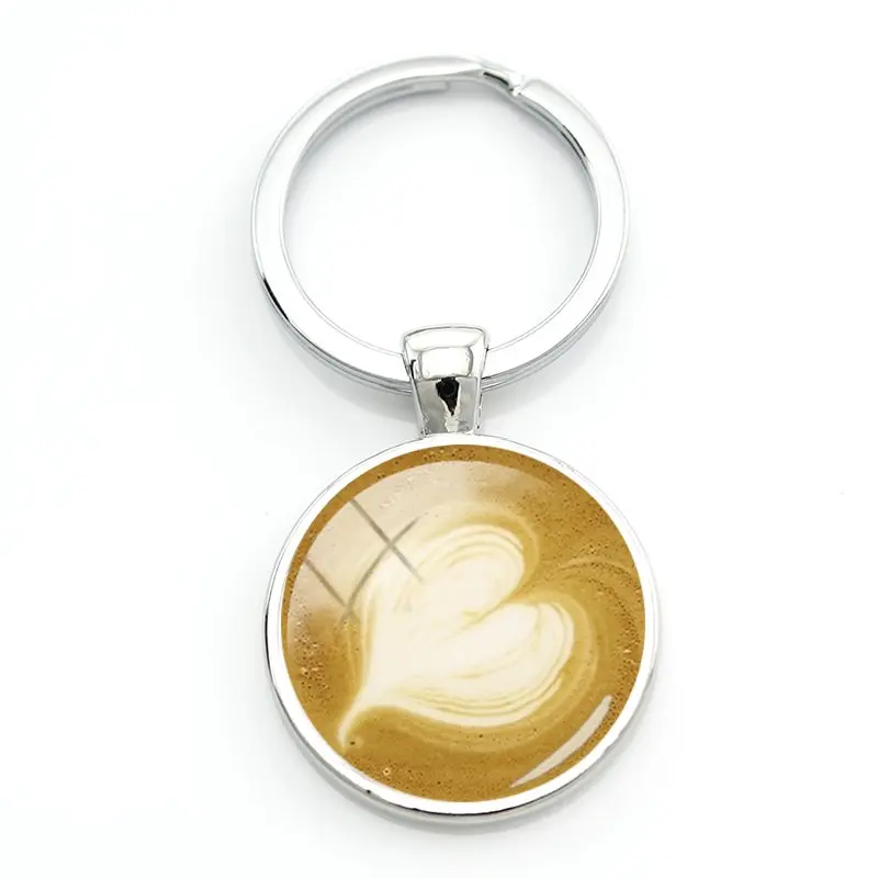 

New Popular Coffee Latte Carved Love Art Keyring Chocolate Print Herbal Cat Charm Pendant Jewelry Accessories