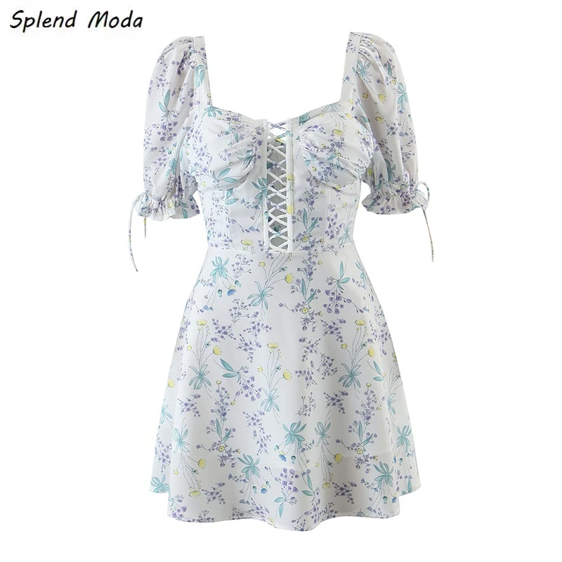 

Женское Хлопковое платье Splend, винтажное ажурное платье с цветочным принтом, квадратным воротником и рукавами-фонариками, на шнуровке, в фра...