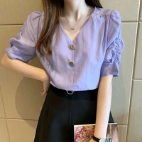 2022 summer new sweet puff sleeve solid color lady chiffon shirt korean fashion young style v neck buttons loose womens blouse