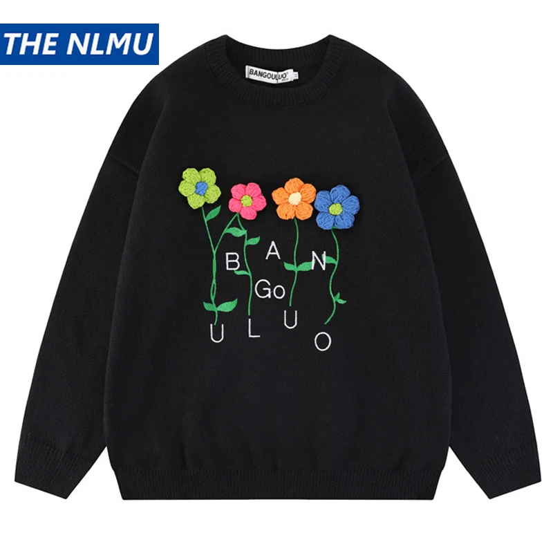 

Свитер мужской с цветочной вышивкой, Модный повседневный Свободный пуловер в стиле хип-хоп, уличная одежда унисекс, Y2K