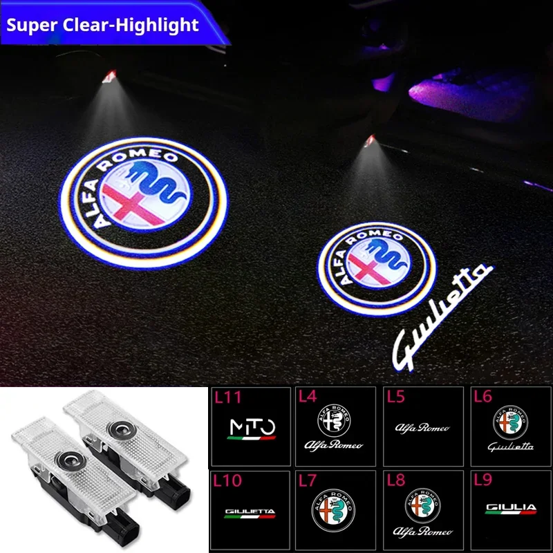 Фото 2 шт. светодиодных проекторов логотипа автомобиля для Alfa Romeo Giulietta 2011-2019, Giulia Stelvio 2017-2023, приветственные лазерные фонари (Ghost Lights) №2