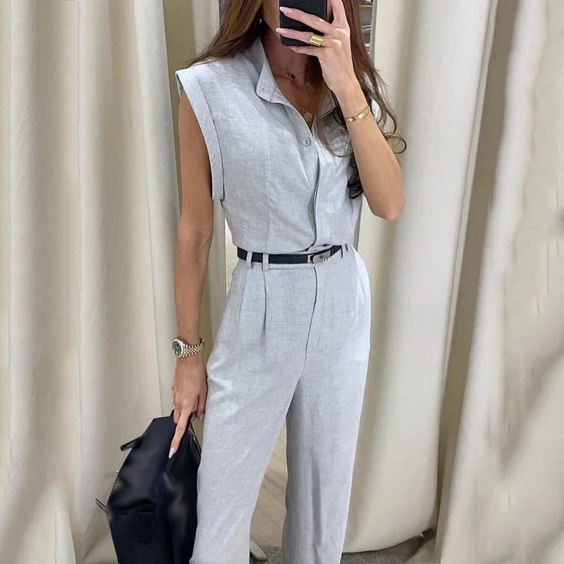

Women Fashion Elegant Sleeveless Office Suit Sexy Single-breasted Hollow Out Top & Straight Pants Outfit Spring Summer Solid Set