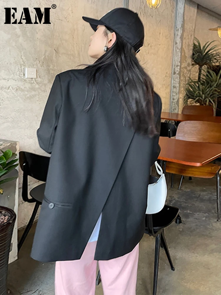 [EAM]  Women Black Back Slit Big Size Blazer New Lapel Long Sleeve Loose Fit Jacket Fashion Tide Spring Autumn 2023 1DE1412