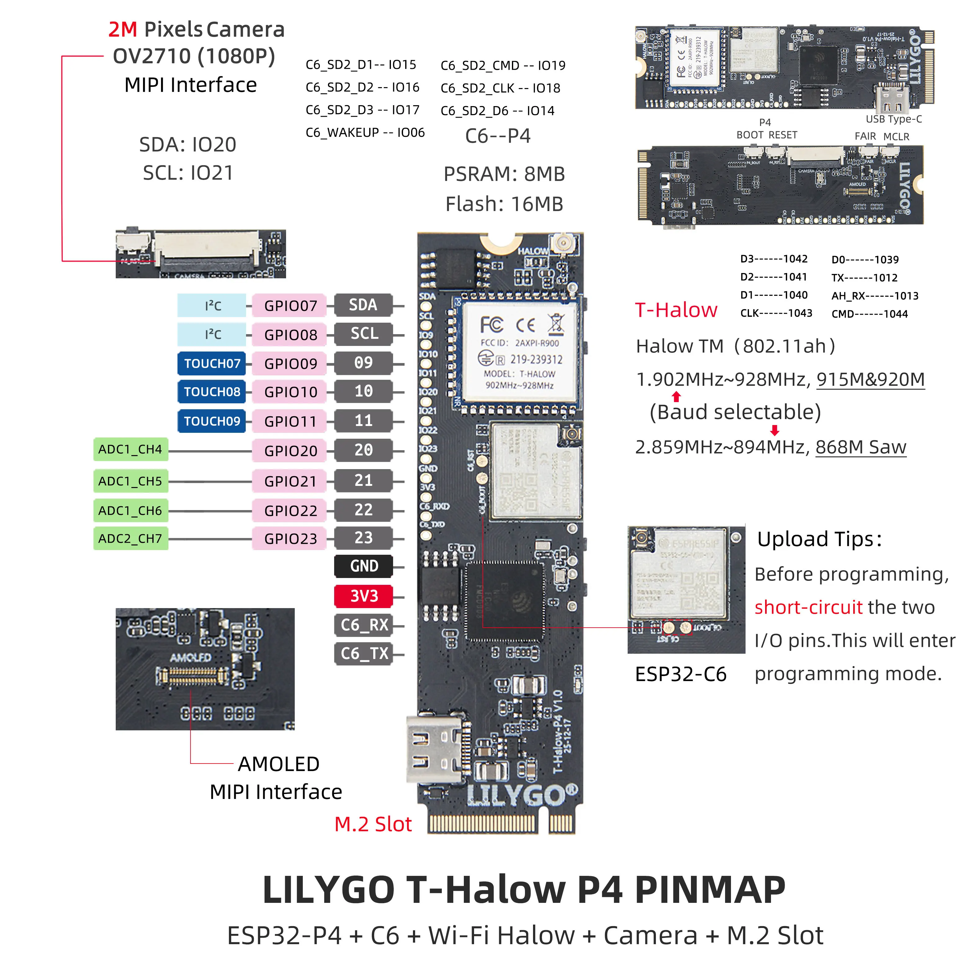 Фото LILYGO T Halow P4 ESP32 P4 C6 M2 Слот для камеры, интерфейс Wi-Fi, Bluetooth №2