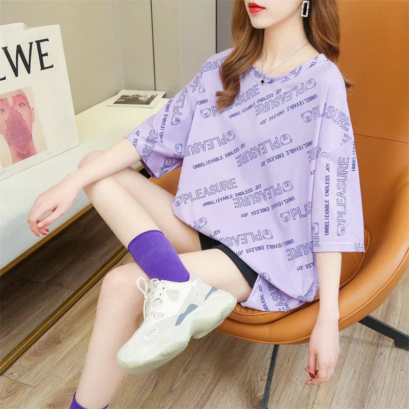 

Женская футболка с коротким рукавом, Повседневная универсальная свободная футболка с круглым вырезом и принтом английского алфавита, Нови...