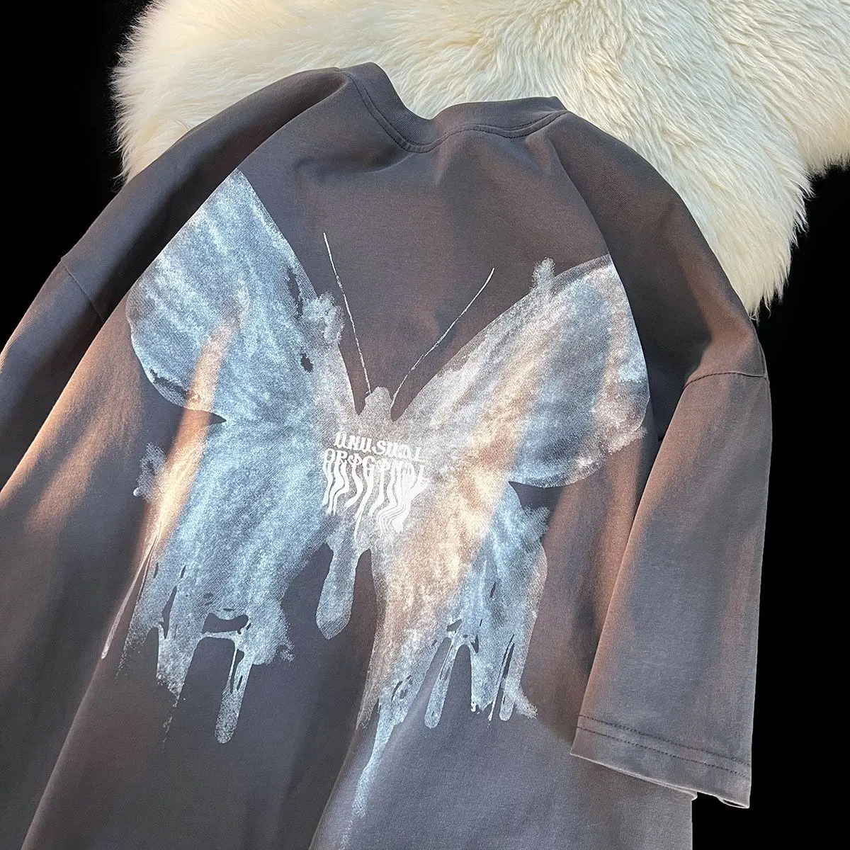 

Pure cotton retro American butterfly phantom trend short sleeved y2k T-shirt men and women dark gray harajuku oversized t shirt