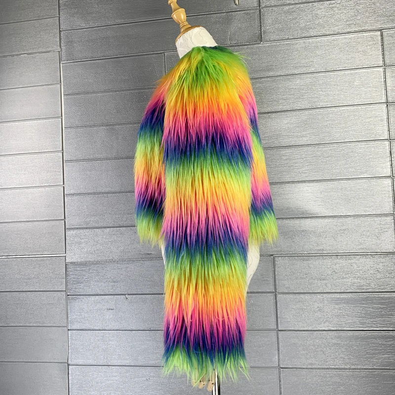 Rainbow Women Faux Fur Coat Christmas Costumes Cosplay Fluffy Fur Jacket Short Outwear Winter Warm Festival Party Club Overcoat